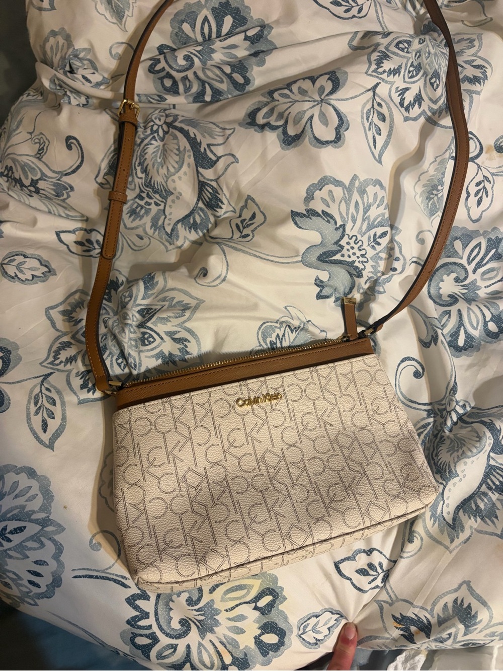 Calvin Klein Beige Logo Crossbody Bag with Tan Strap